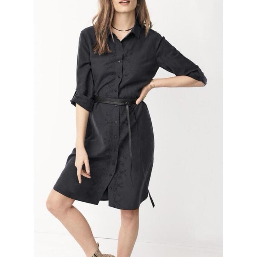 Garnett Hill Embroidered Front Button Down Shirt Dress Size 10 Linen Silk Blend - Picture 2 of 9